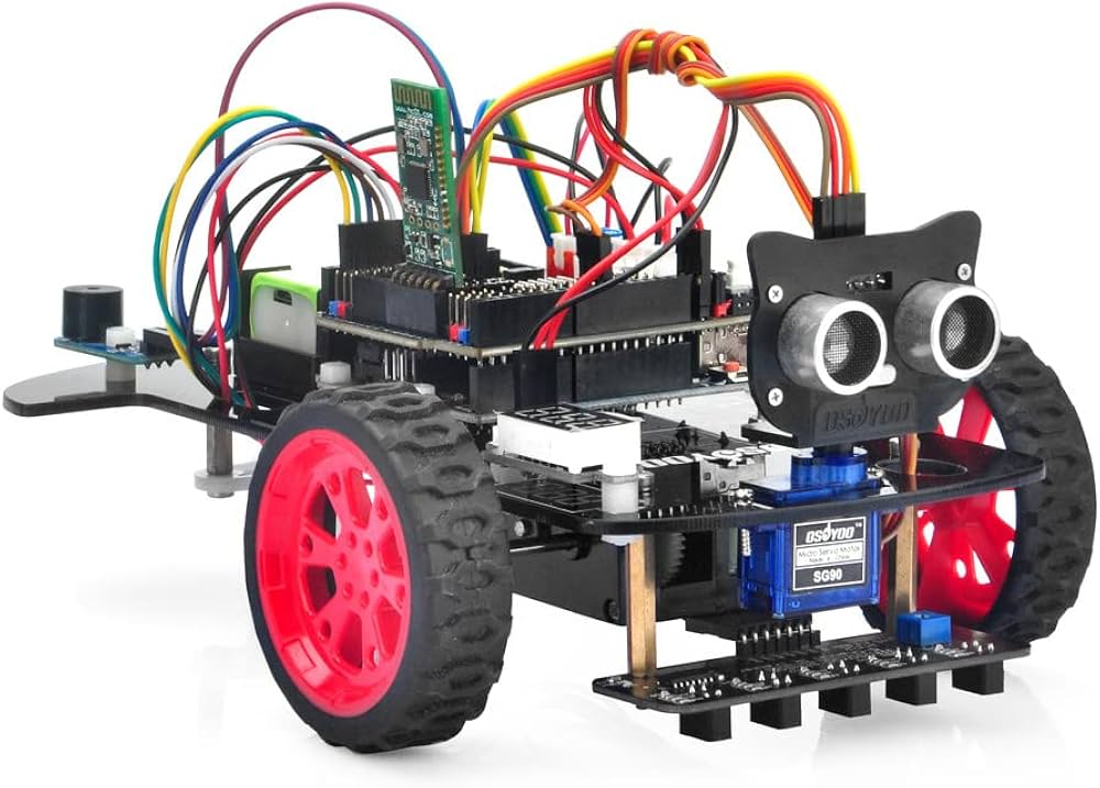 A typical Arduino starter robot car with jumper wires